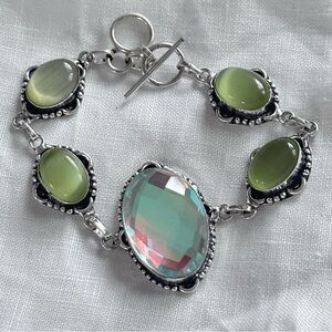 Artisan Handcrafted Bracelet CATS EYE Green Cabochons, Crystal Iridescent Center